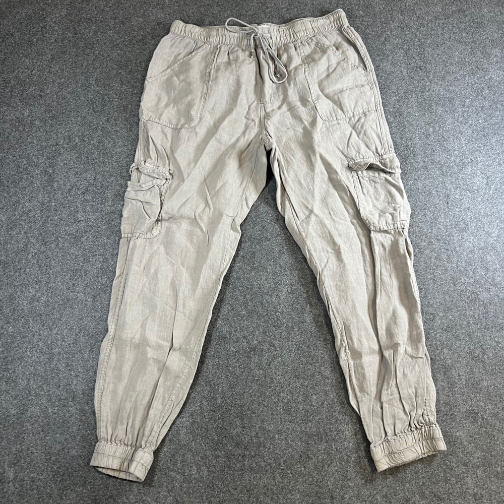 Nicole Miller New York 100% Linen Cargo Jogger Pants Taupe Gray Womens Medium